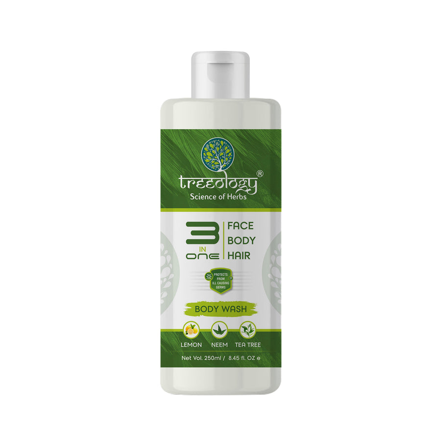 Treeology 3 in 1 (Face, Body & Hair) Body wash is formulated with super Natural trio Lime, Neem & Tea tree oil