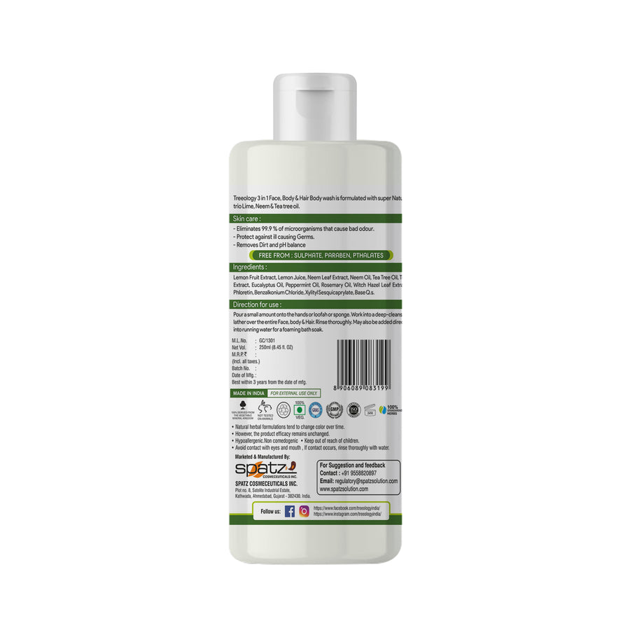 Treeology 3 in 1 (Face, Body & Hair) Body wash is formulated with super Natural trio Lime, Neem & Tea tree oil