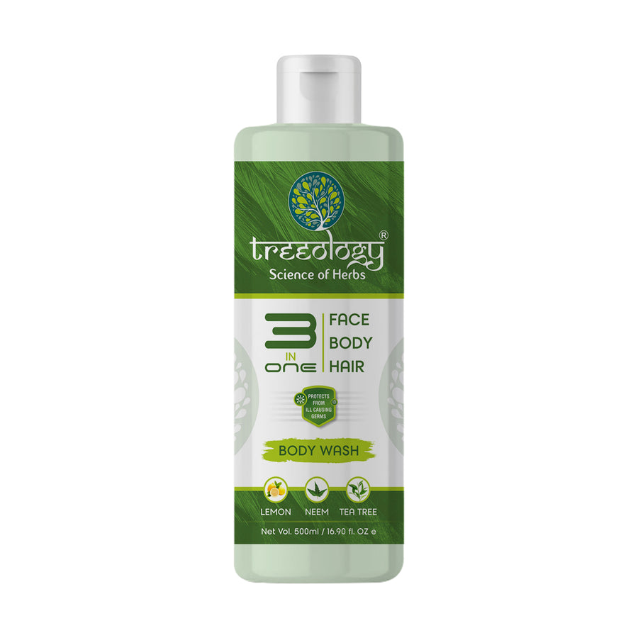 Treeology 3 in 1 (Face, Body & Hair) Body wash is formulated with super Natural trio Lime, Neem & Tea tree oil