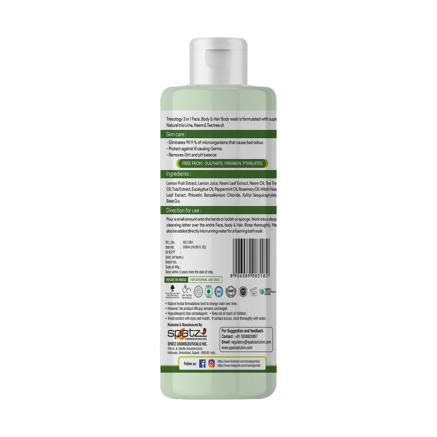 Treeology 3 in 1 (Face, Body & Hair) Body wash is formulated with super Natural trio Lime, Neem & Tea tree oil