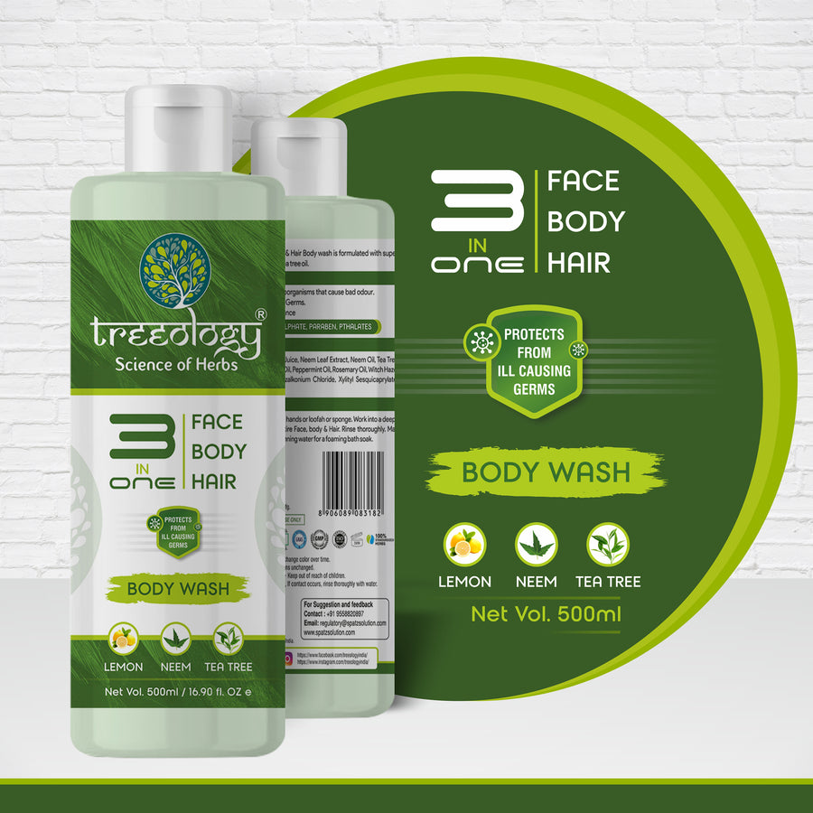 Treeology 3 in 1 (Face, Body & Hair) Body wash is formulated with super Natural trio Lime, Neem & Tea tree oil