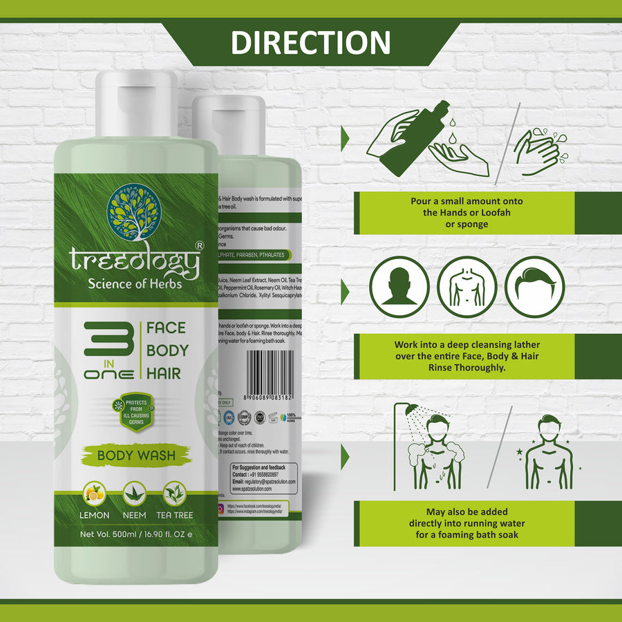Treeology 3 in 1 (Face, Body & Hair) Body wash is formulated with super Natural trio Lime, Neem & Tea tree oil
