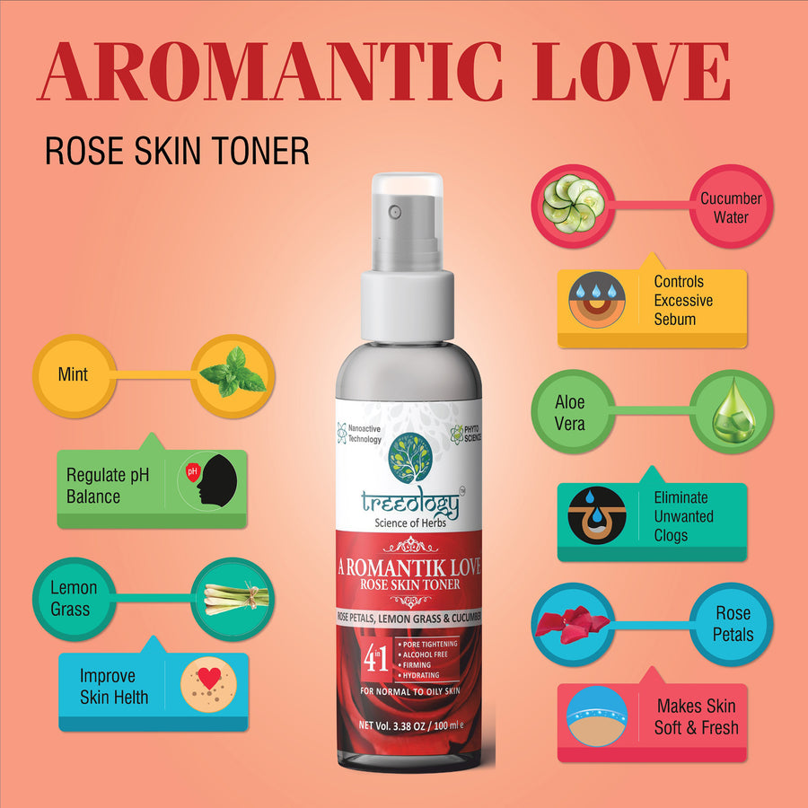 Treeology Natural Romantik Love Rose Skin Pore Tightening Toner with Rose Petals, LemonGrass and Cucumber, Alcohol Free, All Skin Types, 100 ml